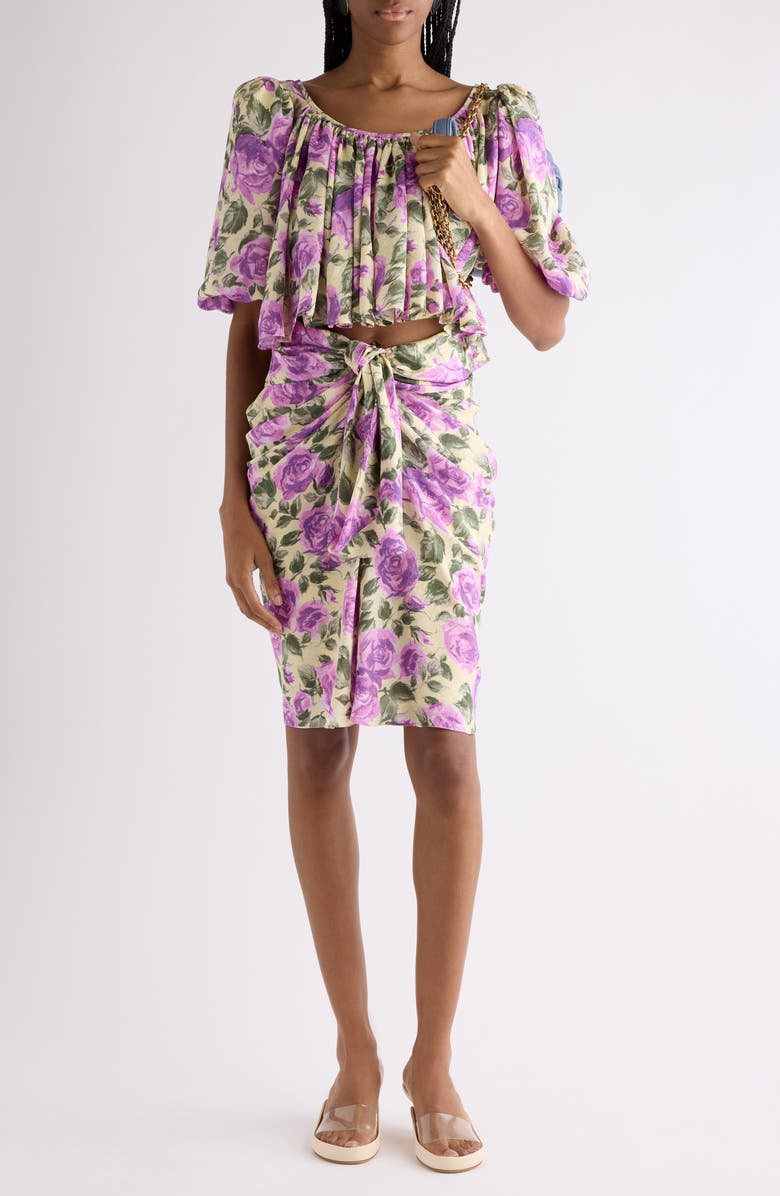 Chloé Rose Print Gathered Silk Satin Skirt, Alternate, color, Yellow - Purple