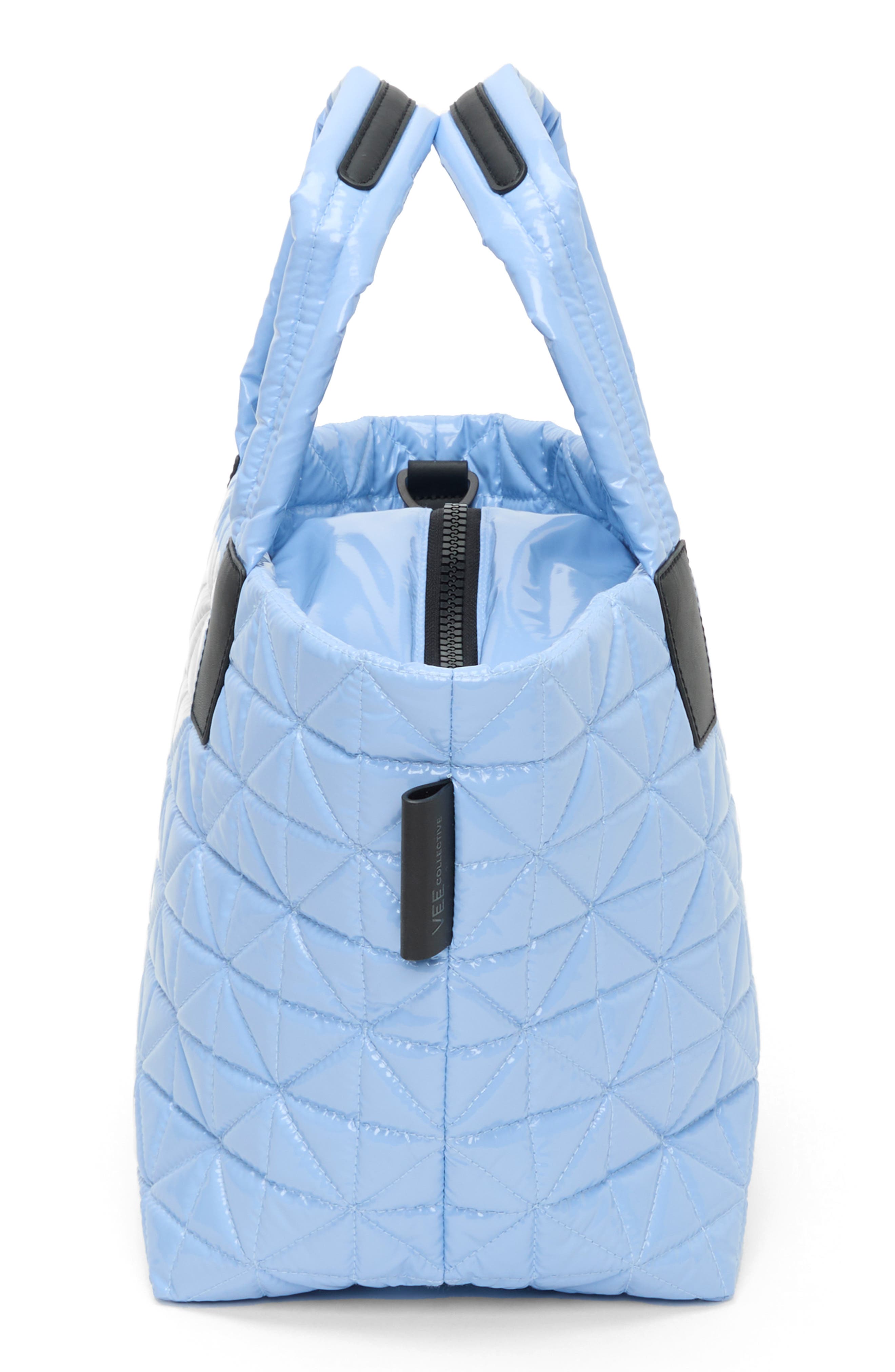VeeCollective Small Vee Quilted Recycled Nylon Tote, Alternate, color, Cerulean Vinyl