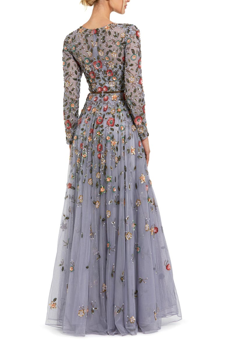 Mac Duggal Women's Embellished High Neck Long Sleeve A Line Gown, Alternate, color, Grey Multi