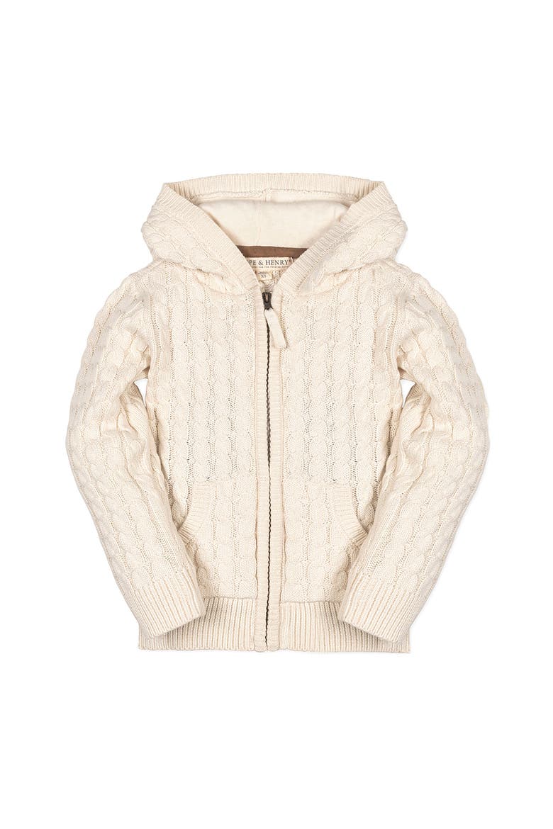 Kids' Organic Full Zip Hooded Sweater with Elbow Patches, Main, color, Ivory Cable
