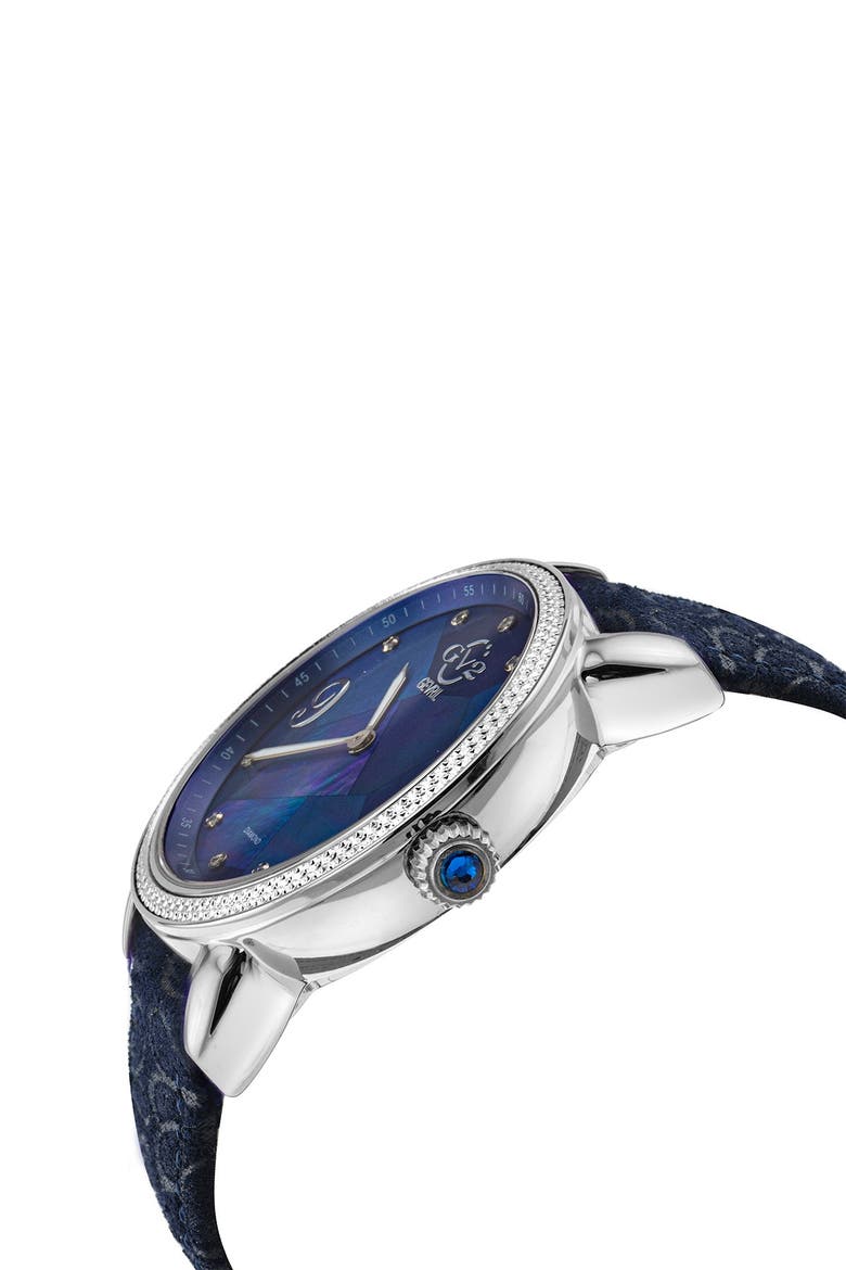 Ravenna Mother of Pearl Diamond Suede Embossed Strap Watch, 37mm - 0.053 ctw, Alternate, color, BLUE