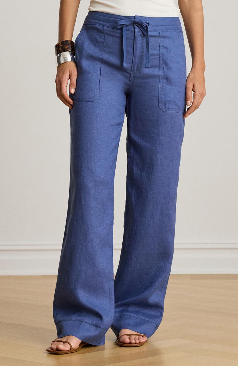 Lauren Ralph Lauren Wide Leg Linen Pants, Alternate, color, Inky Blue