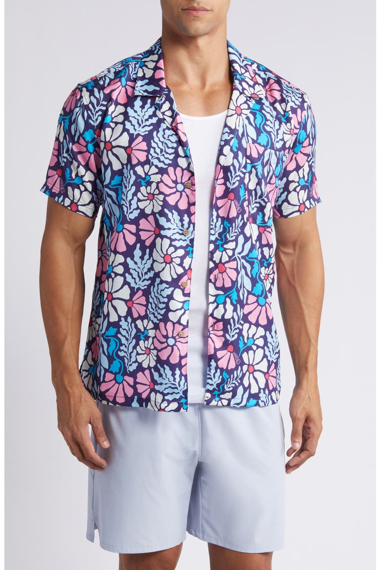 Mellow Short Sleeve Button-Up Camp Shirt, Main, color, BLUE