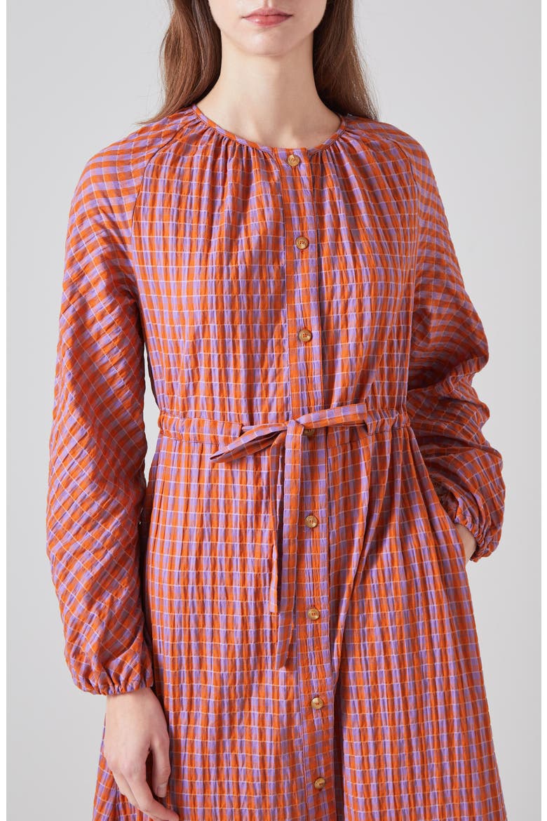 Sophie Check Tie Waist Long Sleeve Midi Dress, Alternate, color, ORANGE