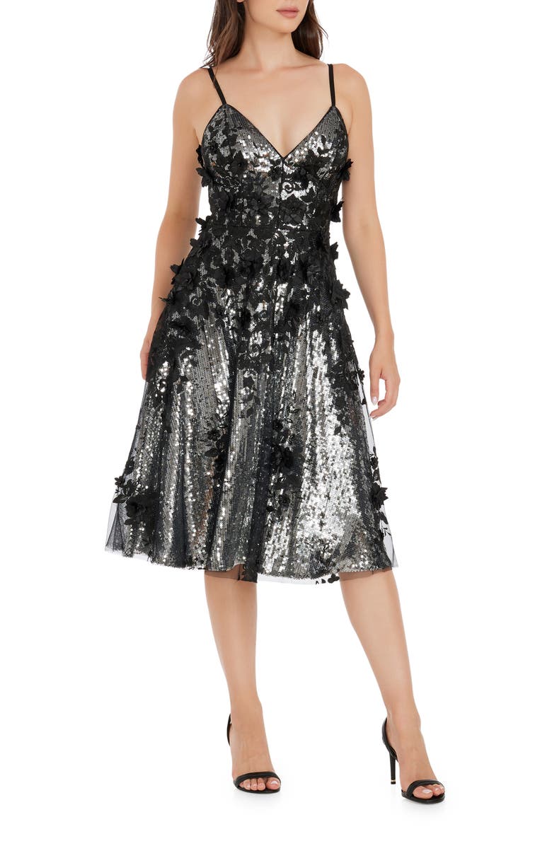 Dress the Population Tahani Sequin Floral Appliqué Cocktail Dress, Main, color, Silver-Black