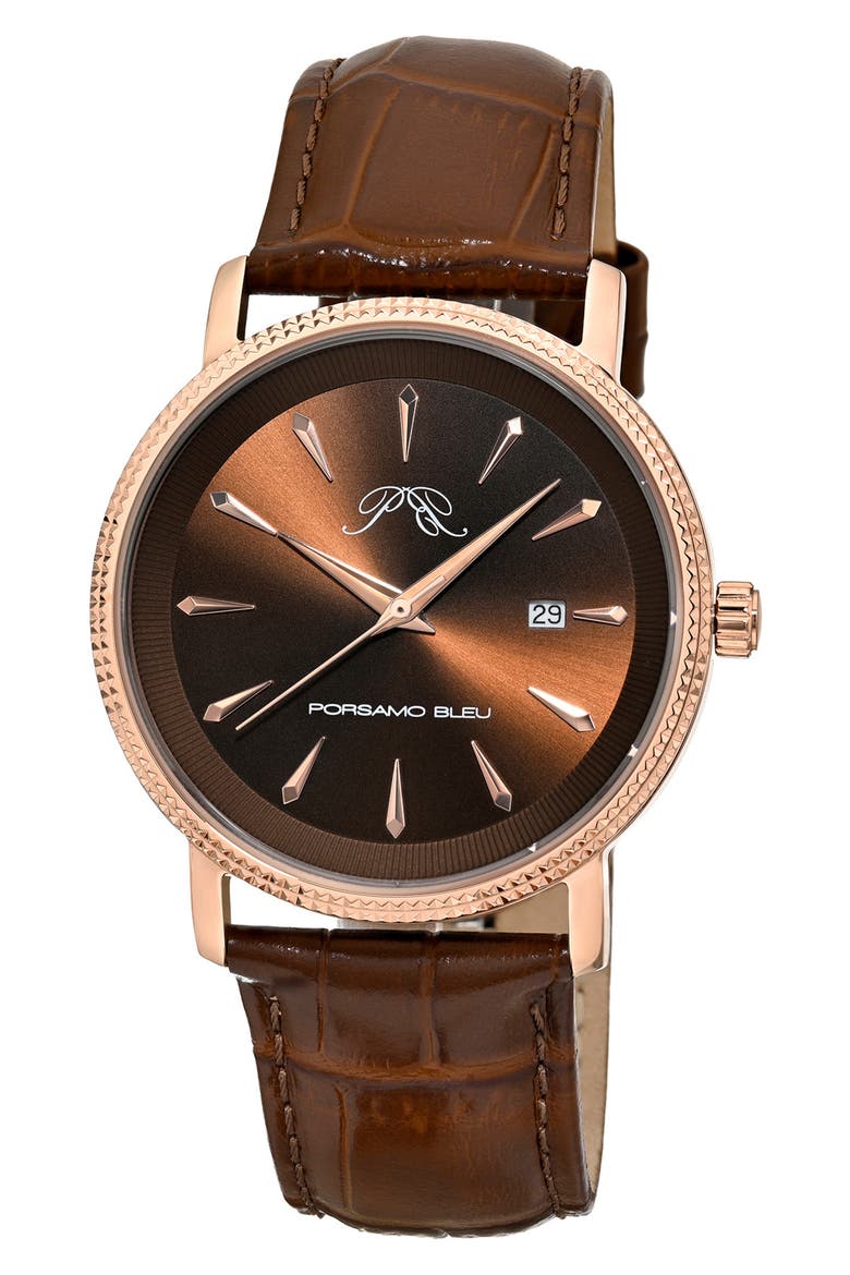 Veritas 2 Croc Embossed Leather Strap Watch, 40mm, Main, color, ROSE/ BROWN