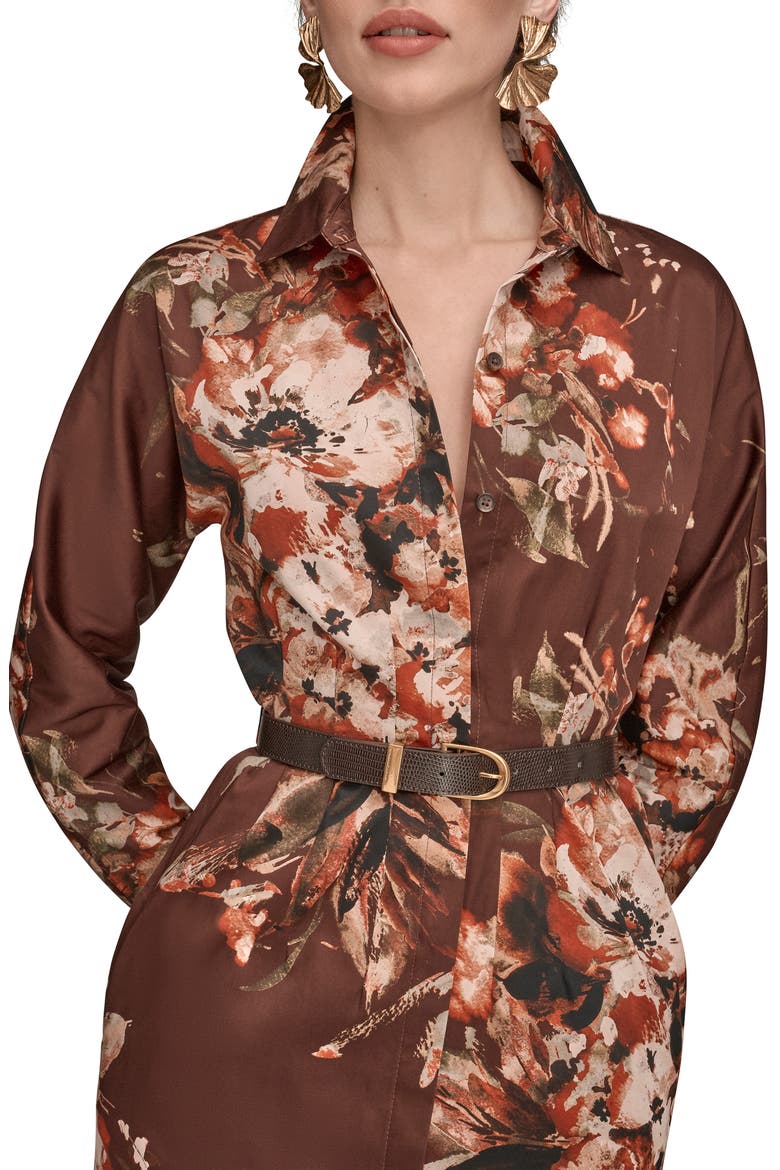 Floral Long Sleeve Belted Stretch Cotton Shirtress, Alternate, color, OXBLOOD MULTI