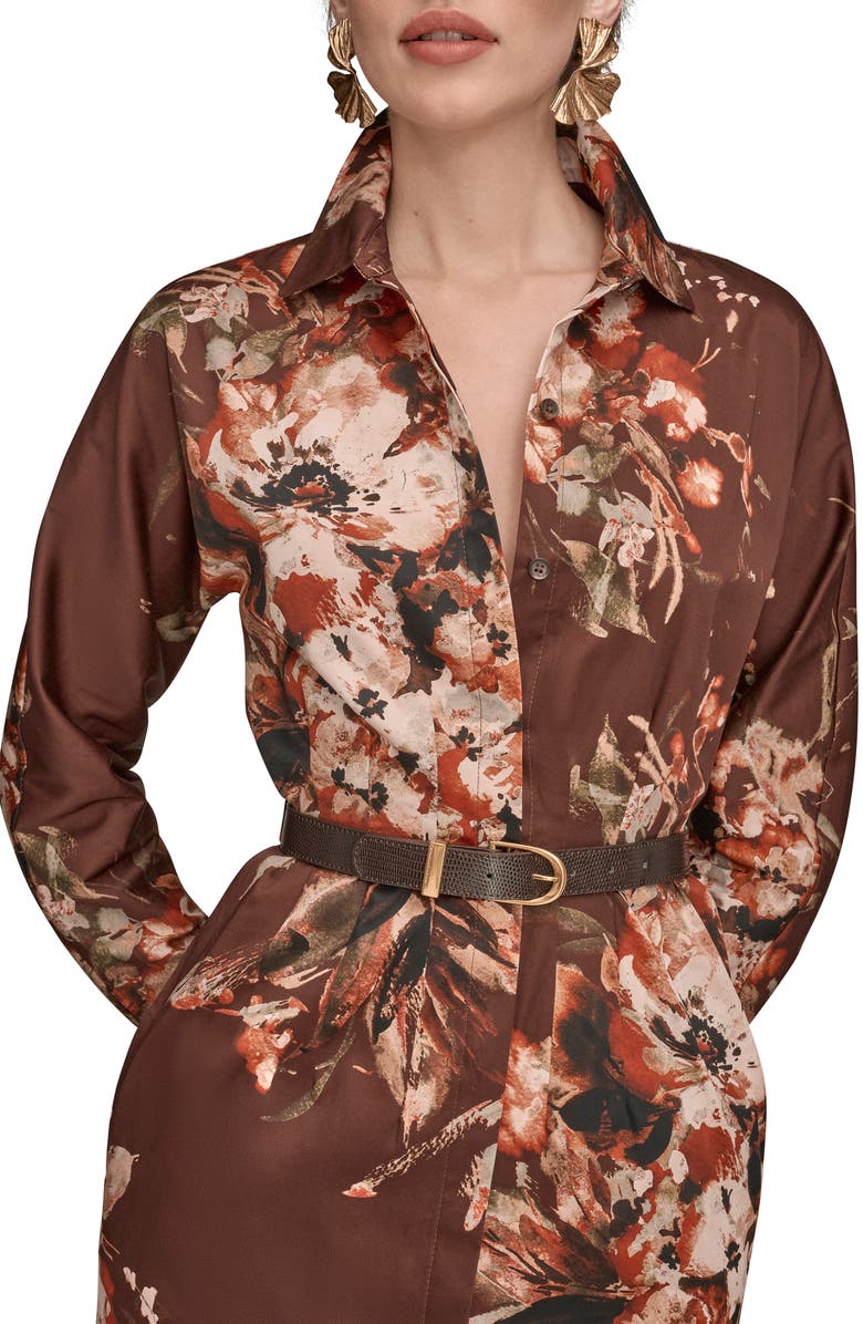 Donna Karan New York Floral Long Sleeve Belted Stretch Cotton Shirtress, Alternate, color, Oxblood Multi