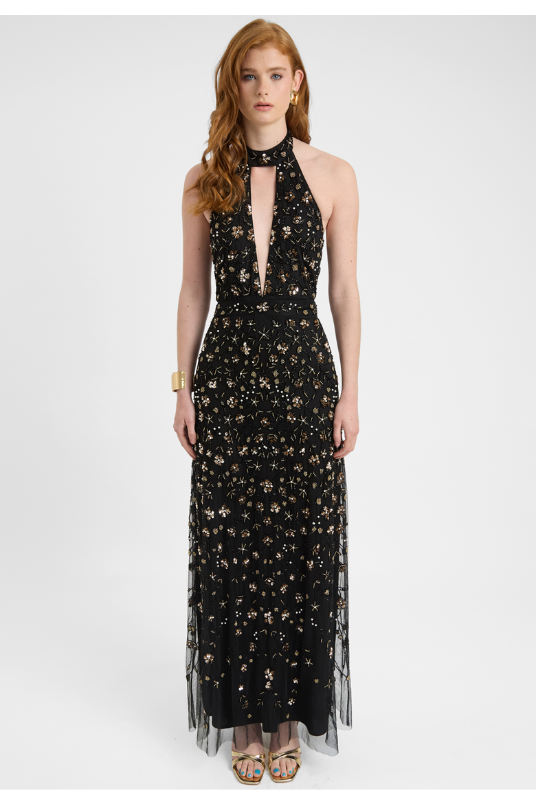 Embellished Sequin Beaded Maxi Dress With Choker-Style Collar, Main, color, BLACK
