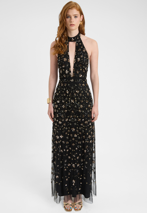 Embellished Sequin Beaded Maxi Dress With Choker-Style Collar
