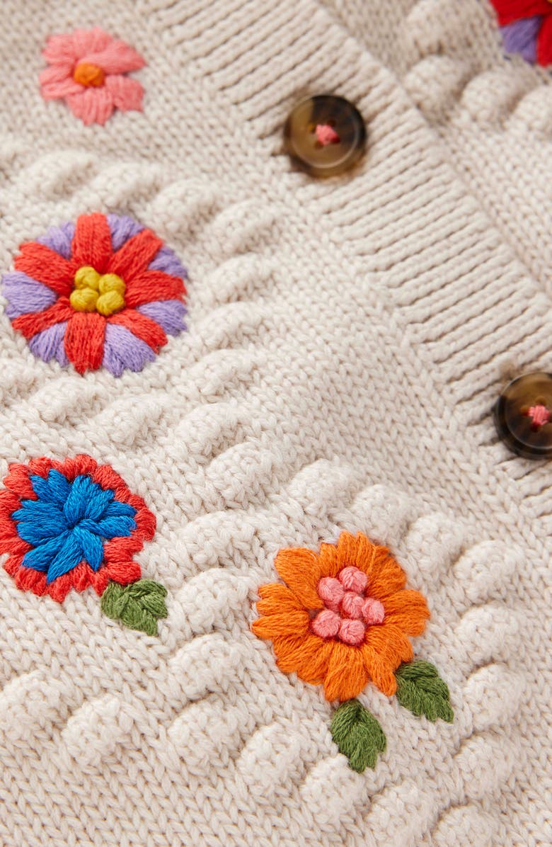Mini Boden Kids' Floral Embroidered Cotton Cardigan, Alternate, color, Ecru Marl Flowers