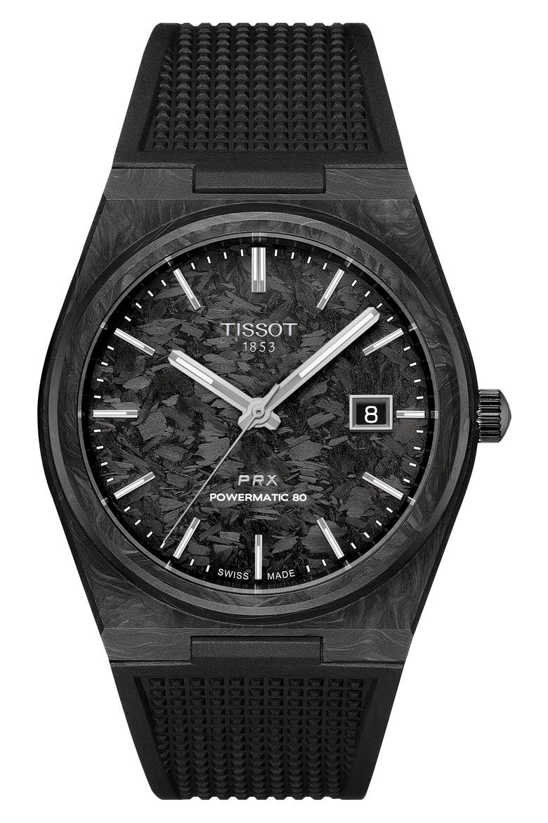 PRX GTS Powermatic 80 Rubber Strap Watch, 40mm, Main, color, BLACK CARBON