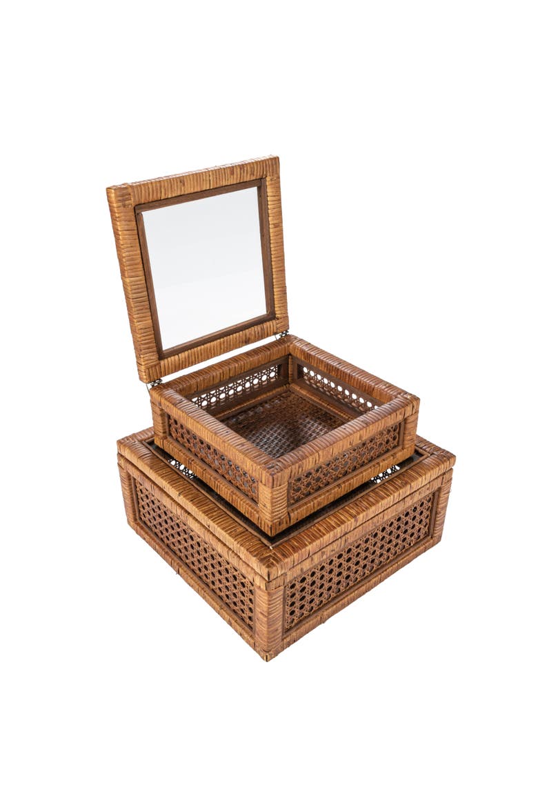 Modern Decorative Square Woven Rattan and Wood Display Boxes with Glass Top, Dark Brown Finish, Set of 2, Alternate, color, Brown
