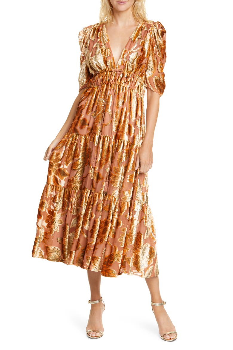 Loretta Velvet Devoré Midi Dress, Main, color, ROSE GOLD