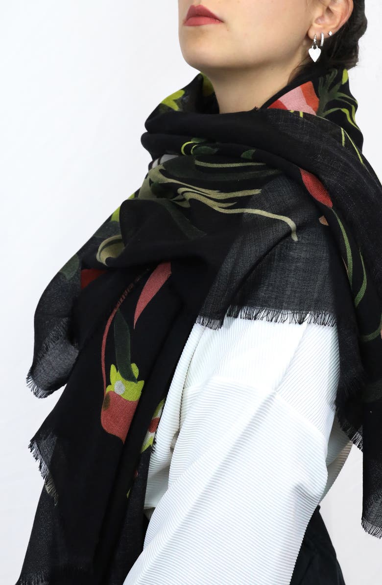 Nicoletta Rosi Floral Print Wool Fringe Scarf, Alternate, color,
