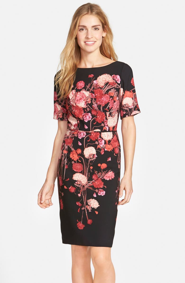 Adrianna Papell Placed Floral Print Crepe Sheath Dress, Main, color, 