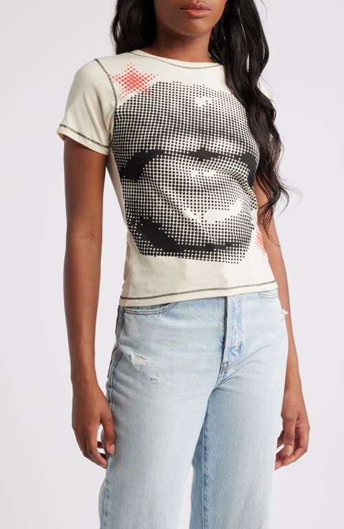 GOLDEN HOUR Halftone Lips Print Cotton Graphic T-Shirt in Washed Bone White 