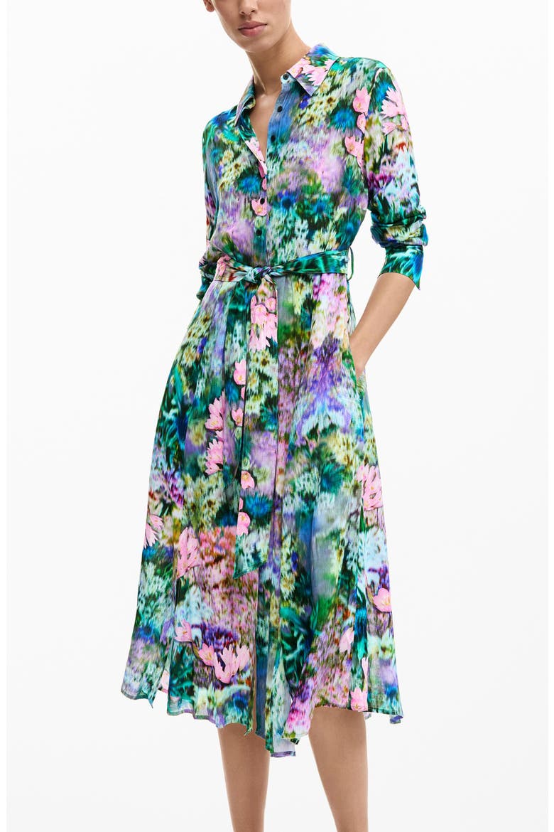 Abstract Floral Print Long Sleeve Shirtdress, Alternate, color, YELLOW