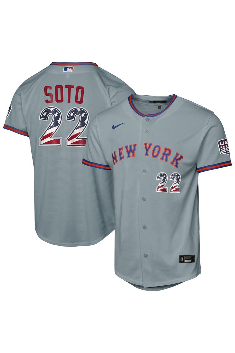Youth Nike Juan Soto Gray New York Mets USA 250 Fourth of July Road Replica Jersey, Main, color, Gray