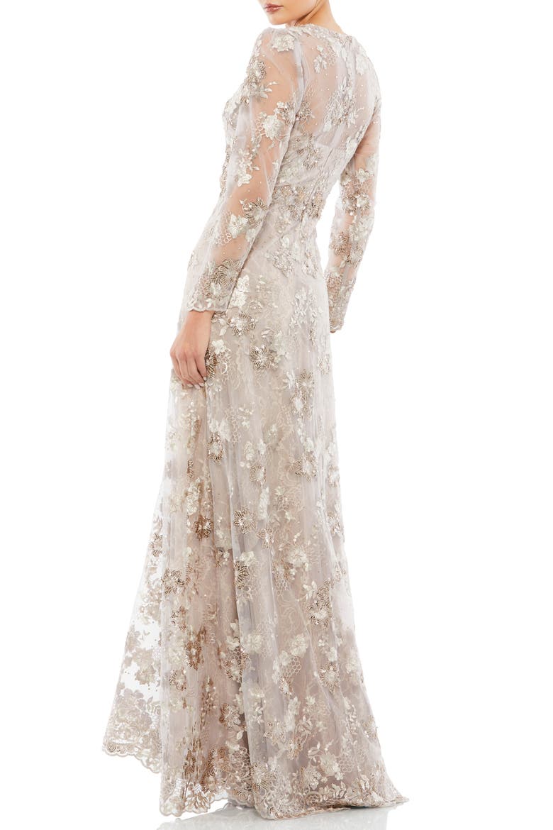 Floral Embroidered Illusion Long Sleeve Evening Gown, Alternate, color, MOCHA