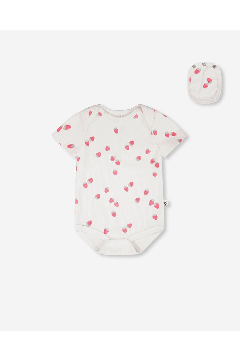 Evolutive Cotton Rib Jersey Strawberries Printed Bodysuit, Main, color, White Printed Strawberries