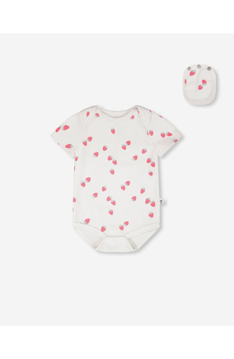 Deux par Deux Evolutive Cotton Rib Jersey Strawberries Printed Bodysuit, Main, color, White Printed Strawberries