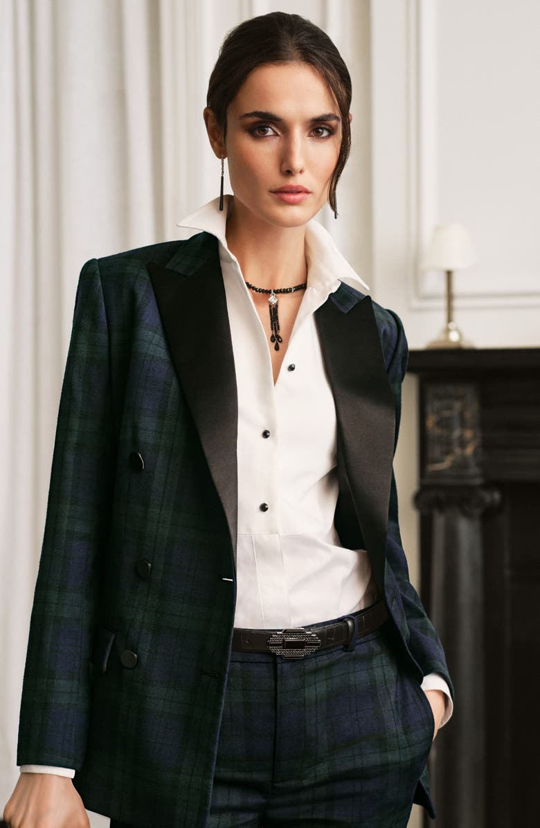 Lauren Ralph Lauren Plaid Satin Trim Double Breasted Wool Blend Blazer, Alternate, color, 