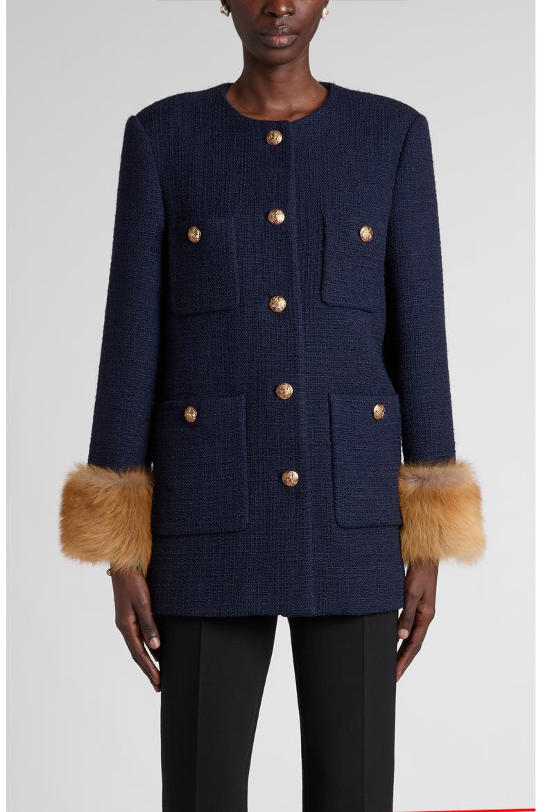 Wool Blend Tweed Jacket with Faux Fur Cuffs, Main, color, NAVY