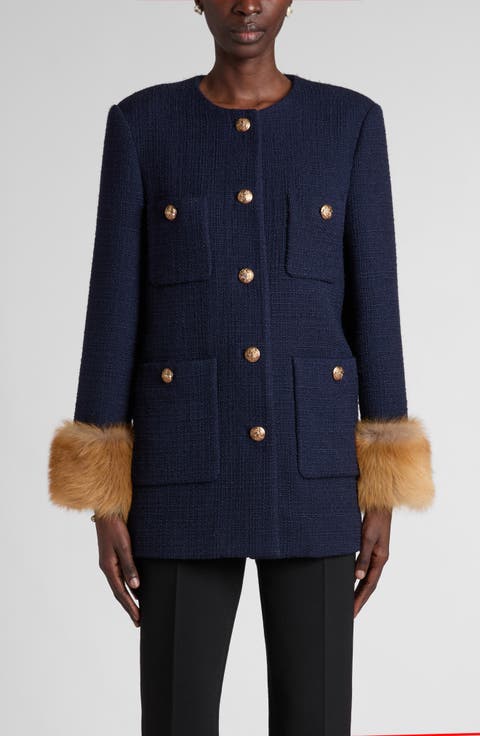 Wool Blend Tweed Jacket with Faux Fur Cuffs