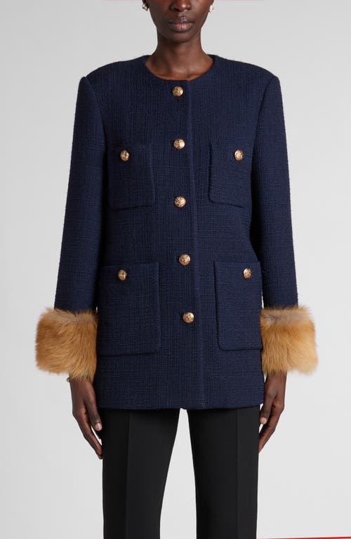 Valentino Garavani Wool Blend Tweed Jacket with Faux Fur Cuffs in Navy at Nordstrom, Size 40