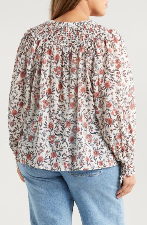 Treasure & Bond Print Smocked Yoke Button-up Shirt In Ivory- Pink Fleurette
