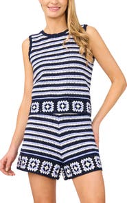 CeCe Stripe Crochet Scallop Neck Top