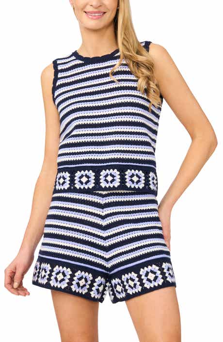 Stripe Crochet Scallop Neck Top