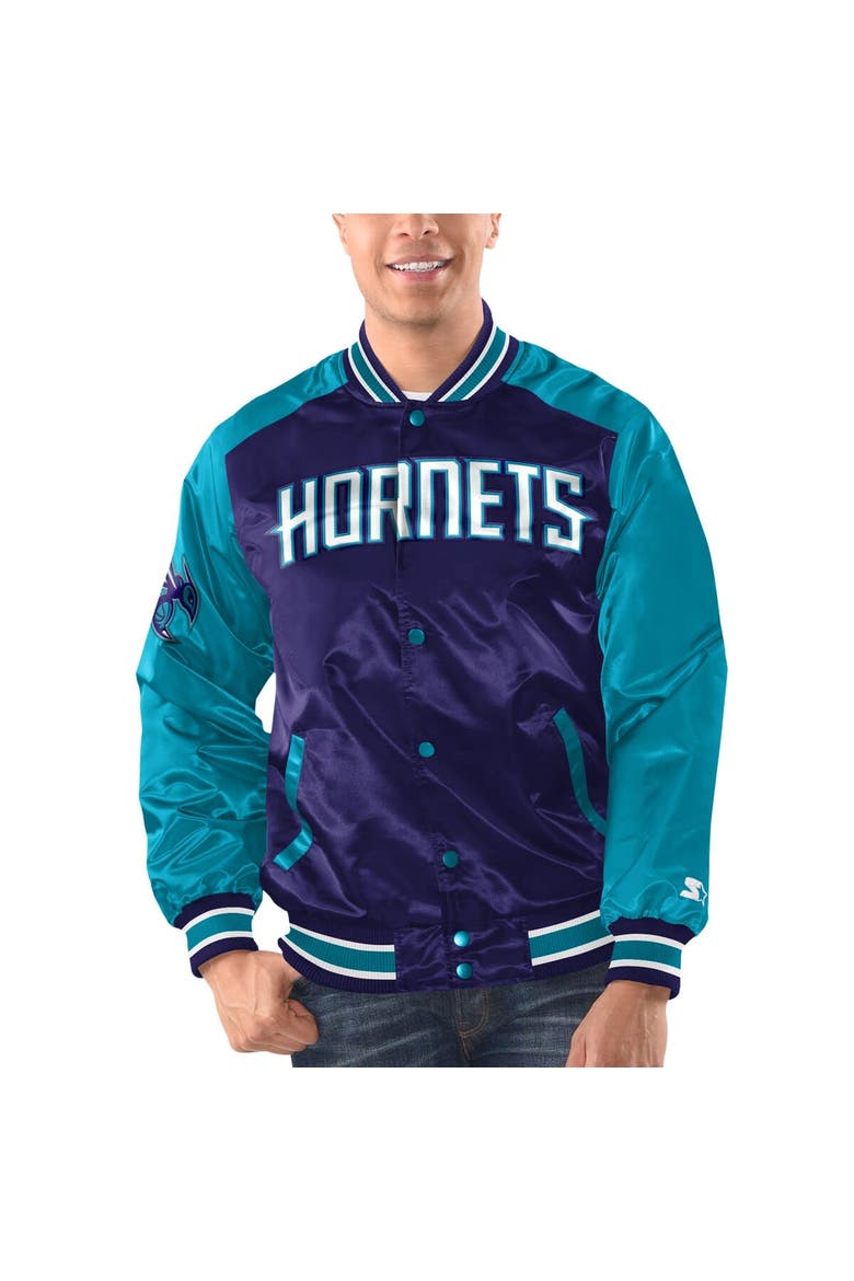 Men's Starter Purple/Teal Charlotte Hornets Renegade Satin Full-Snap Varsity Jacket, Alternate, color, Purple