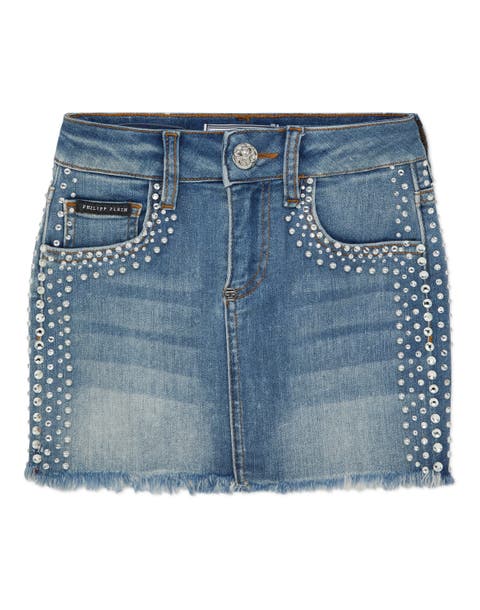 Denim Mini Skirt Rib Strass Girl