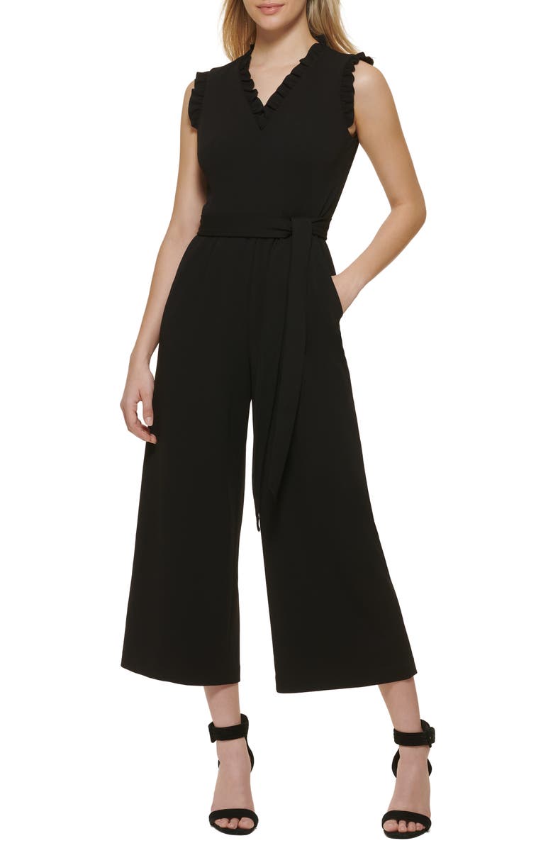 Calvin Klein Ruffle V-Neck Sleeveless Crop Jumpsuit, Main, color,