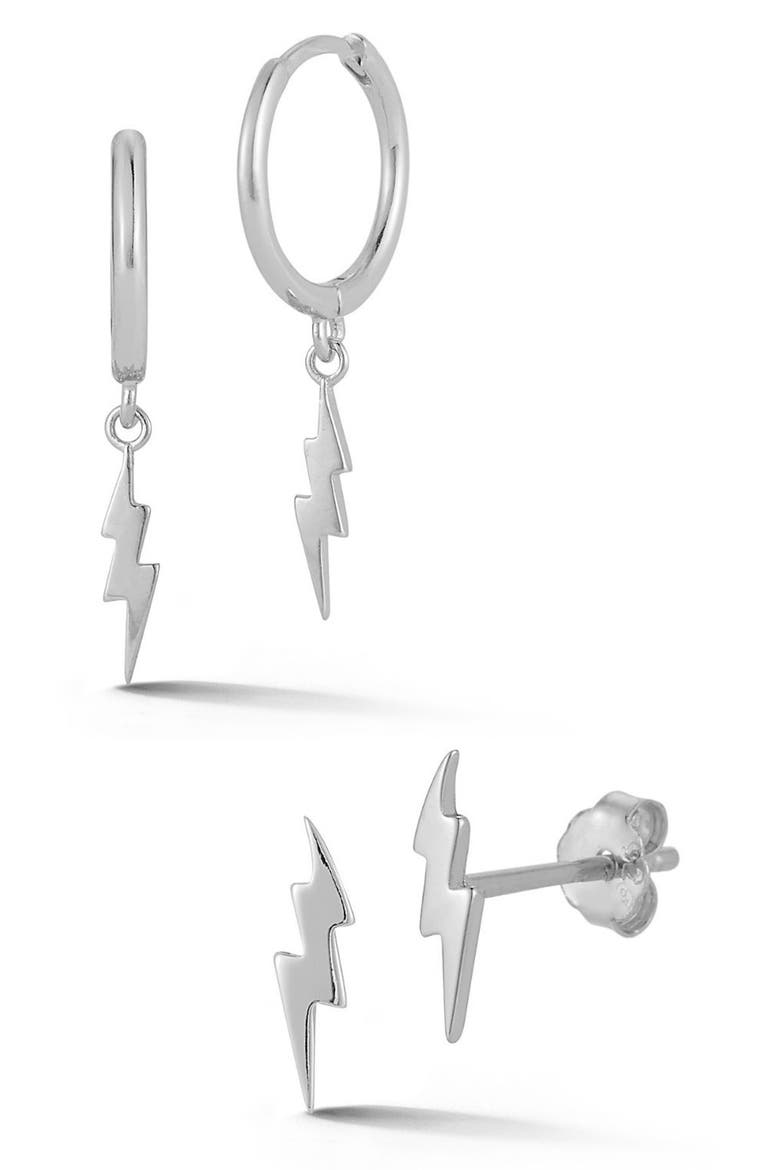 14K Gold Plated Sterling Silver Lightning Bolt Earrings Set, Main, color, SILVER