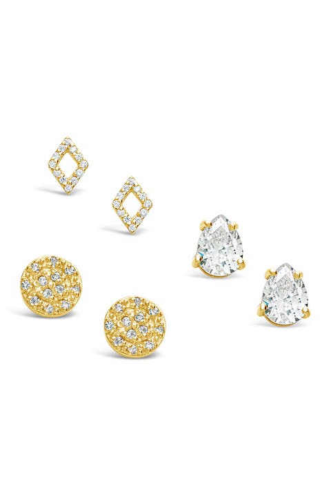Set of 3 14K Yellow Gold Vermeil Cubic Zirconia Geometric Stud Earrings