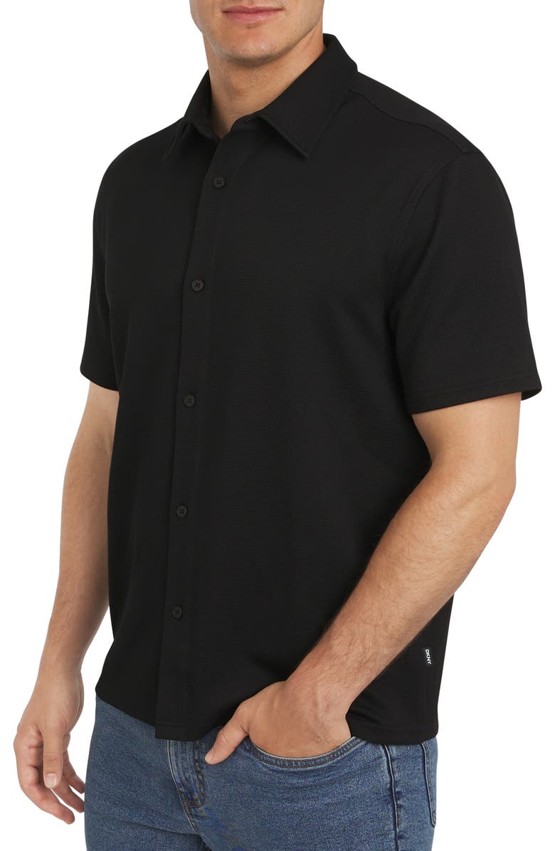 DKNY SPORTSWEAR Waverly Waffle Short Sleeve Button-Up Shirt, Alternate, color, Black