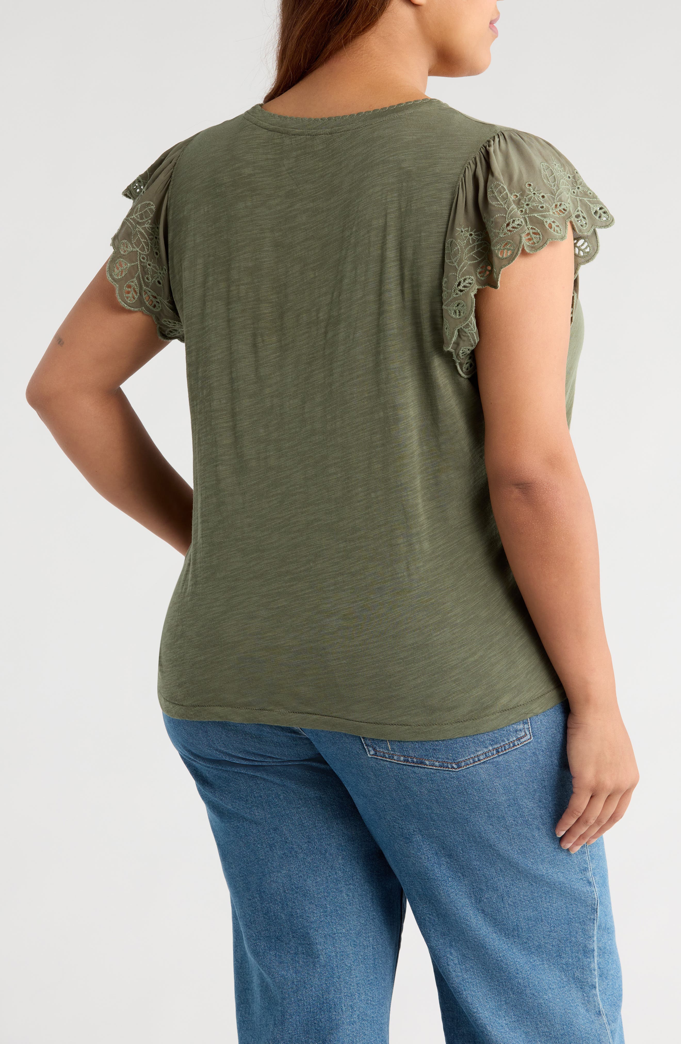 Eyelet Flutter Sleeve V-Neck T-Shirt - image 4