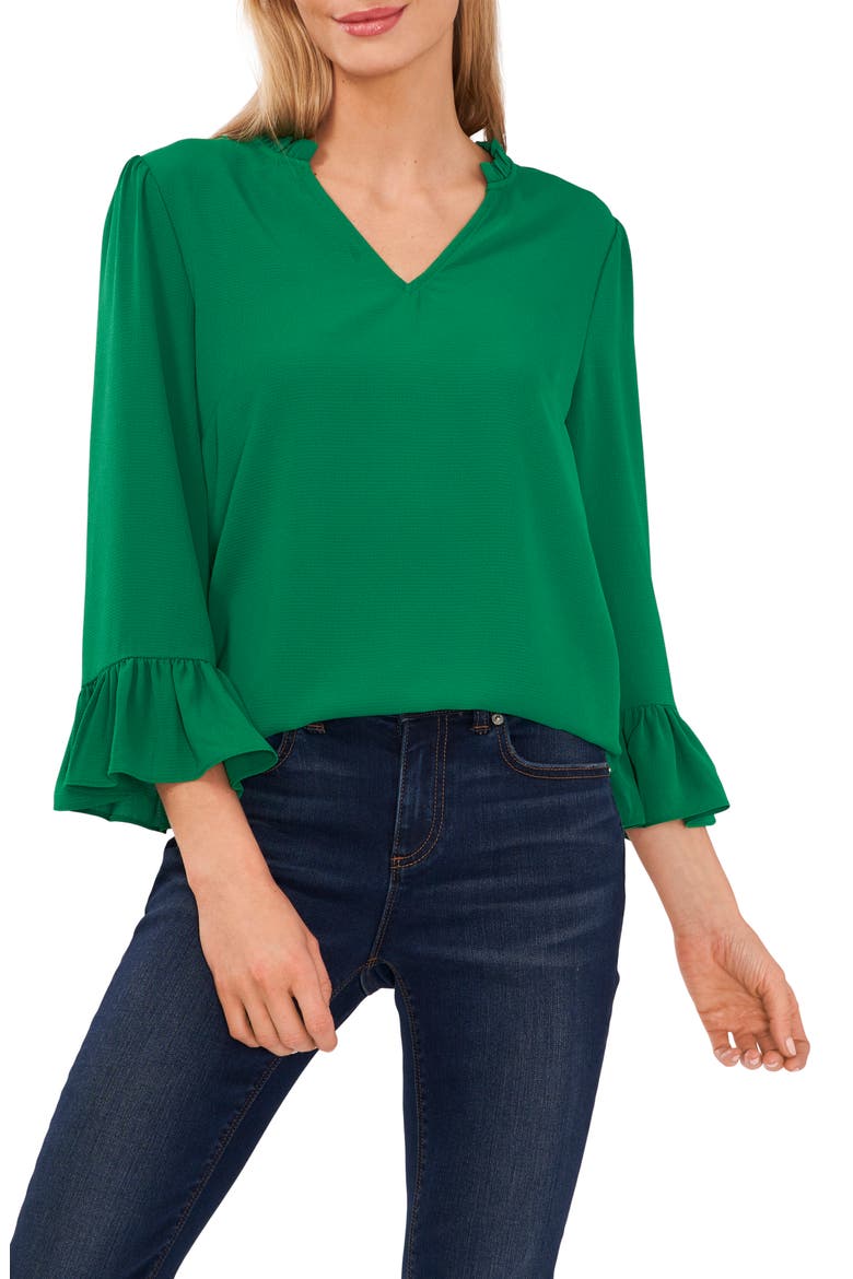 Ruffle Cuff Crepe Top, Main, color, GREEN