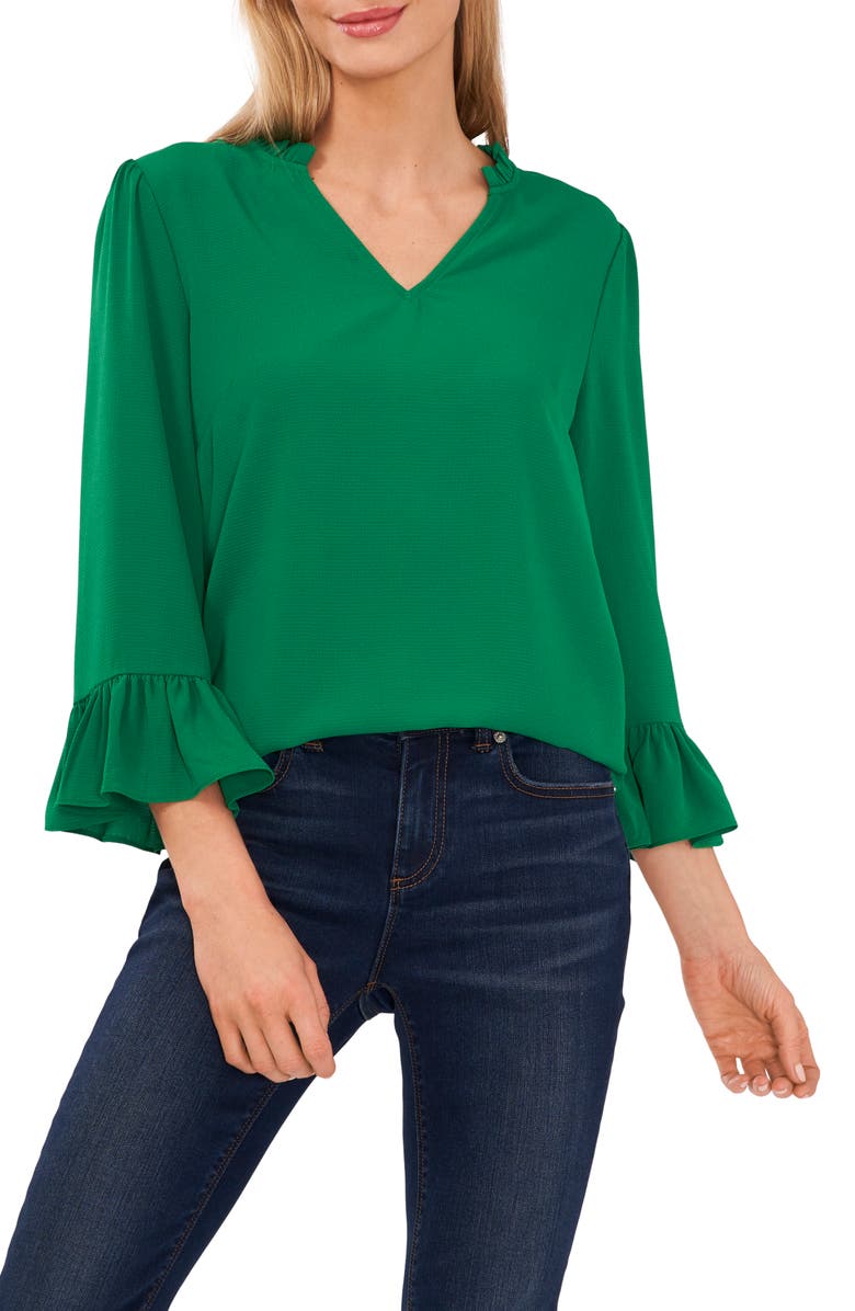CeCe Ruffle Cuff Crepe Top, Main, color, Green