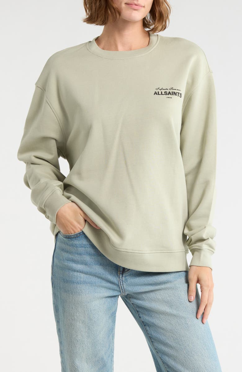 AllSaints Soleil Etta Cotton French Terry Sweatshirt, Main, color, Abbey Stone Green