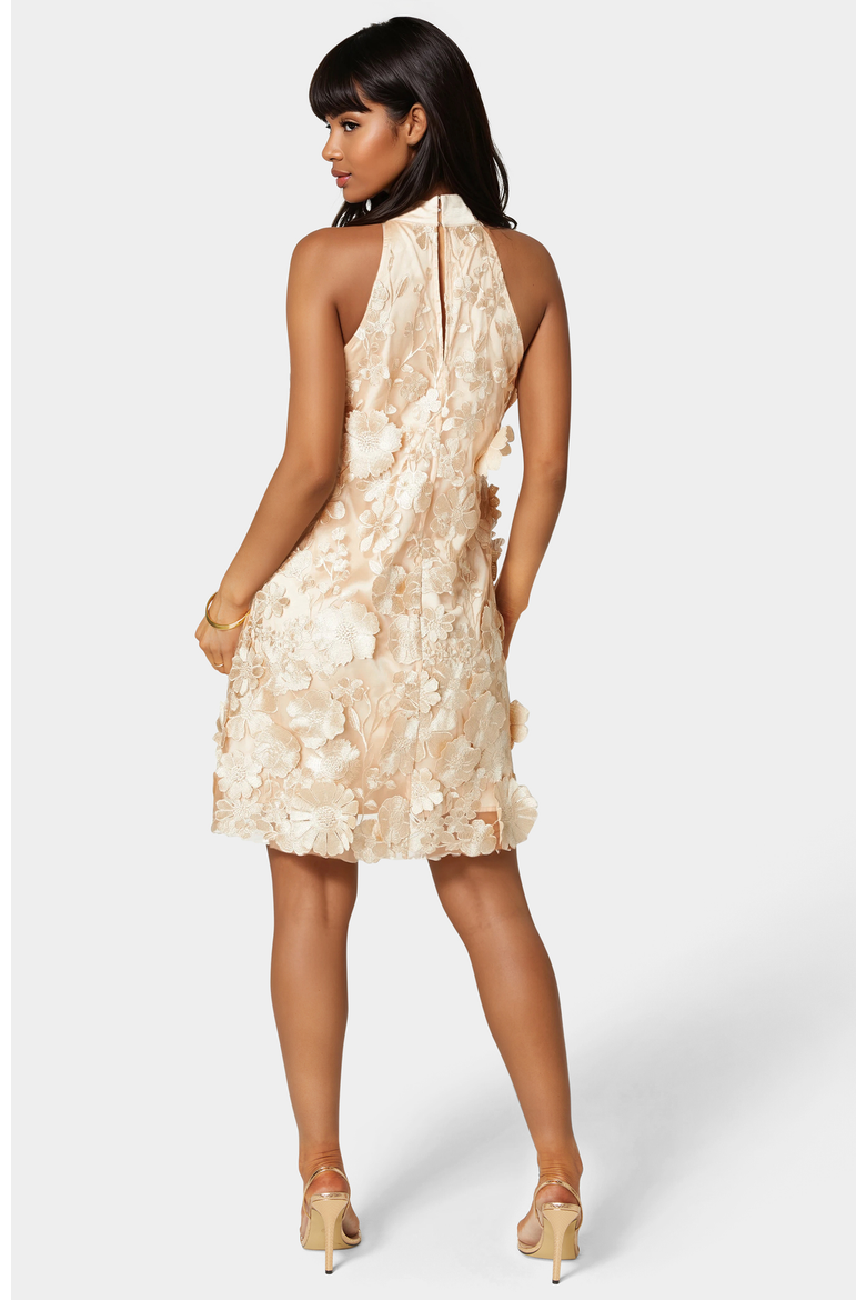 3D Floral Halter Mini Dress, Alternate, color, Champagne
