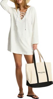 Sea Level Jacquard Stripe Long Sleeve Lace-Up Cotton Terry Cover-Up Minidress