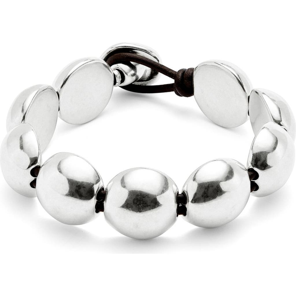 Unode50 Leather With Large Metal Alloy Beads Plated In Sterling Bracelet In Metallic