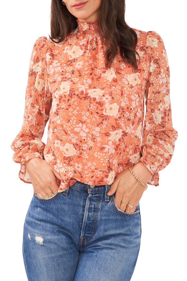 Floral Smocked Neck Blouse, Main, color, PEACH MULTI