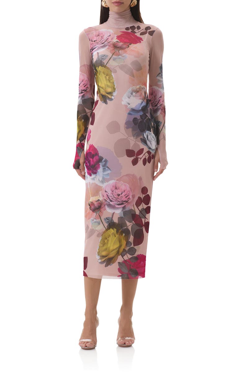 AFRM Shailene Print Long Sleeve Powermesh Body-Con Midi Dress, Main, color, Placed Photo Rose