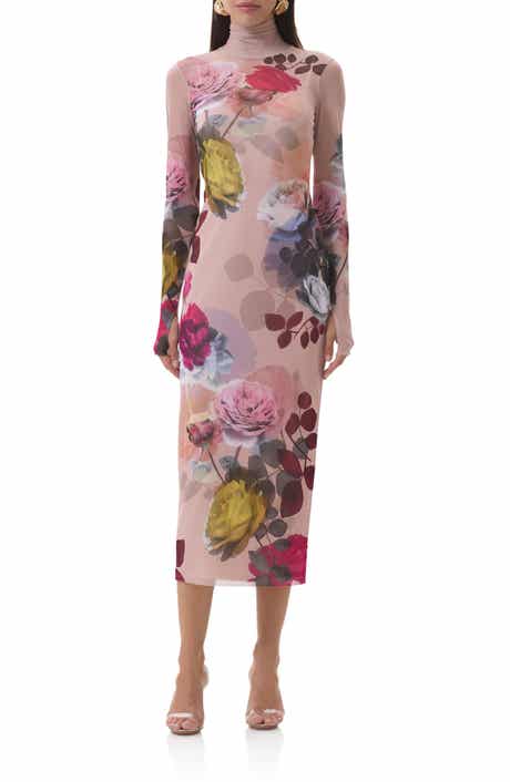 AFRM Shailene Print Long Sleeve Powermesh Body-Con Midi Dress