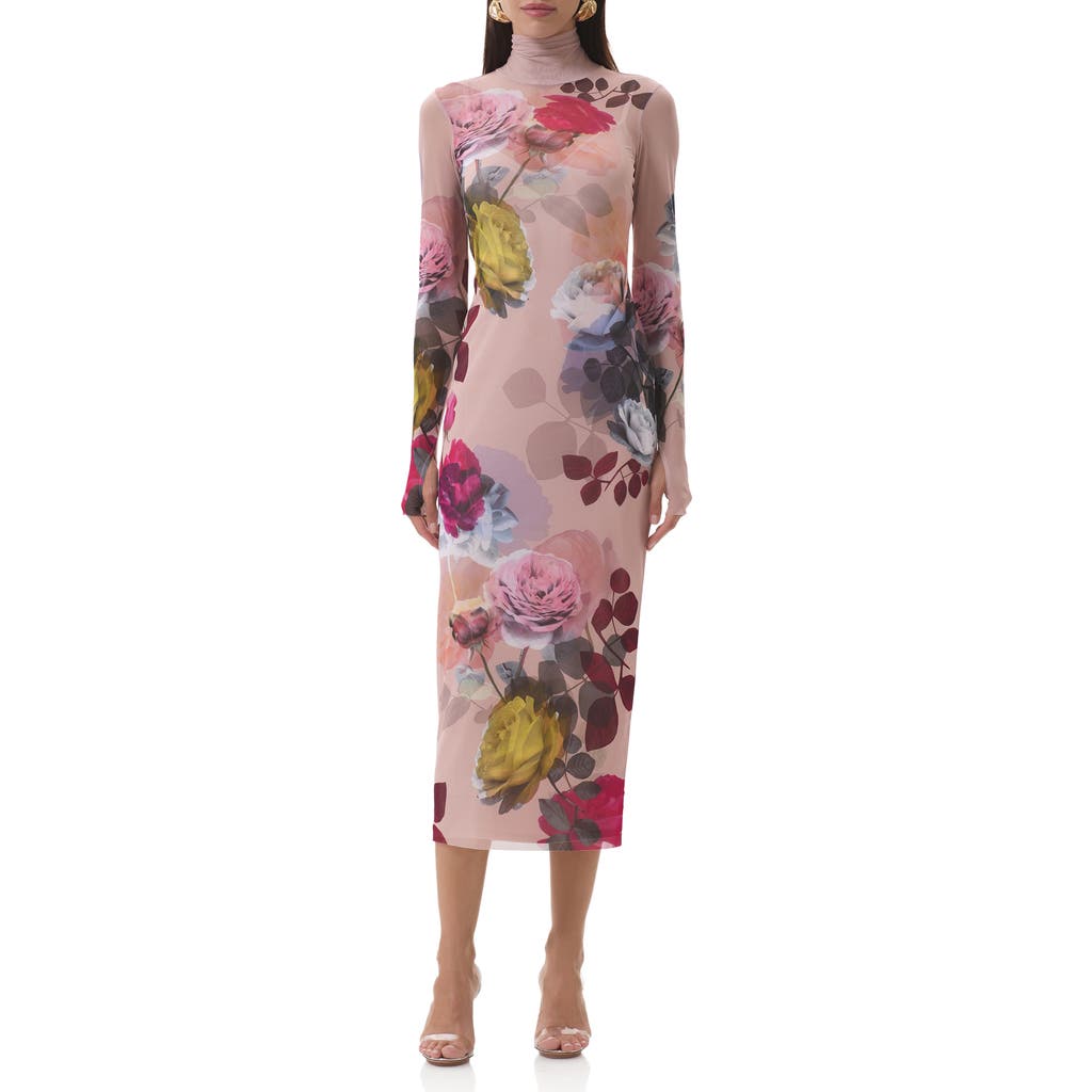 Afrm Shailene Print Long Sleeve Powermesh Body-con Midi Dress In Pink